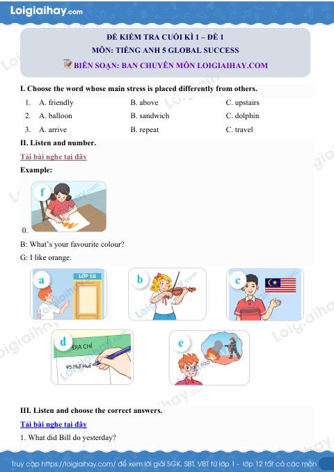 Đề thi học kì 1 Tiếng Anh 5 Global Success - Đề số 1